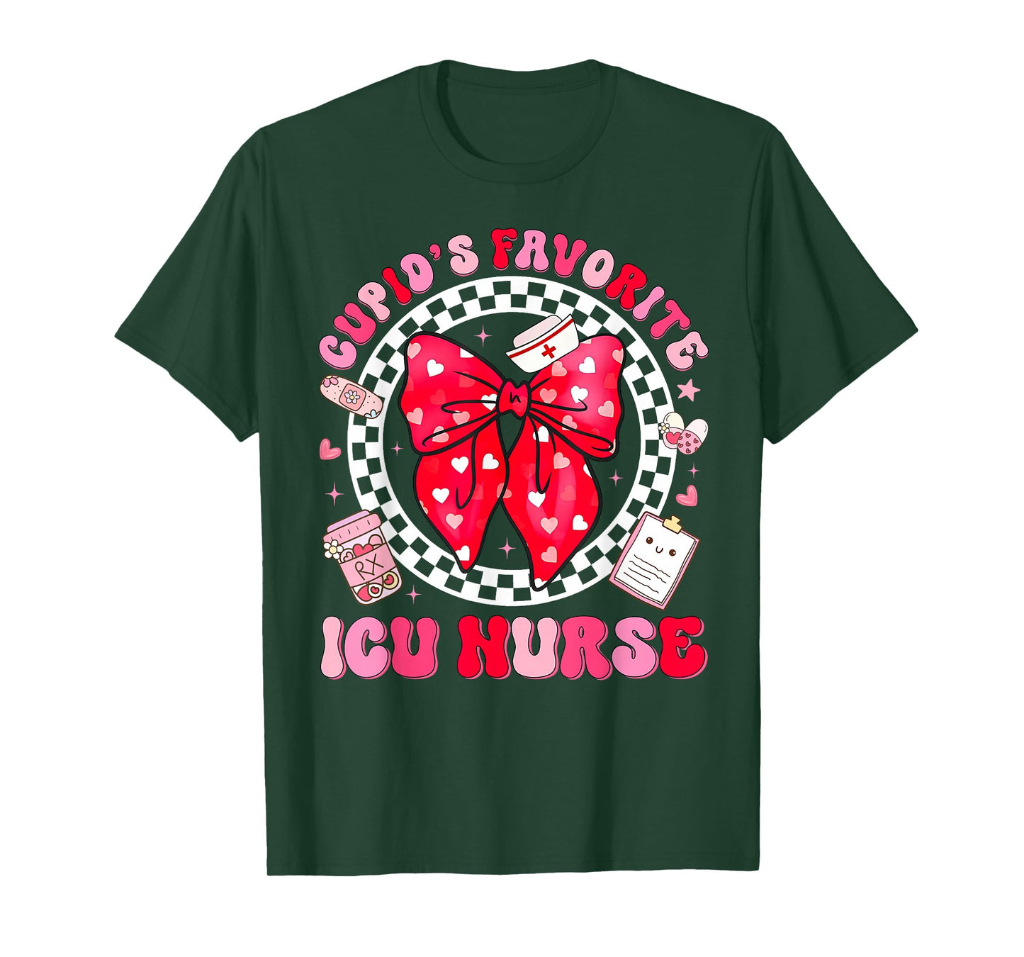 Cupid's Favorite ICU Nurse Valentine Coquette Bow Girl Women T-Shirt