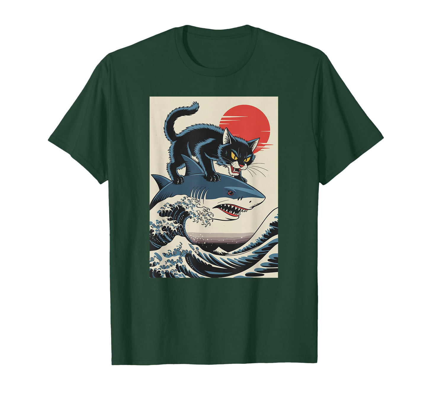 Cat Riding Shark Japanese Wave Ocean Sun Funny Cool T-Shirt