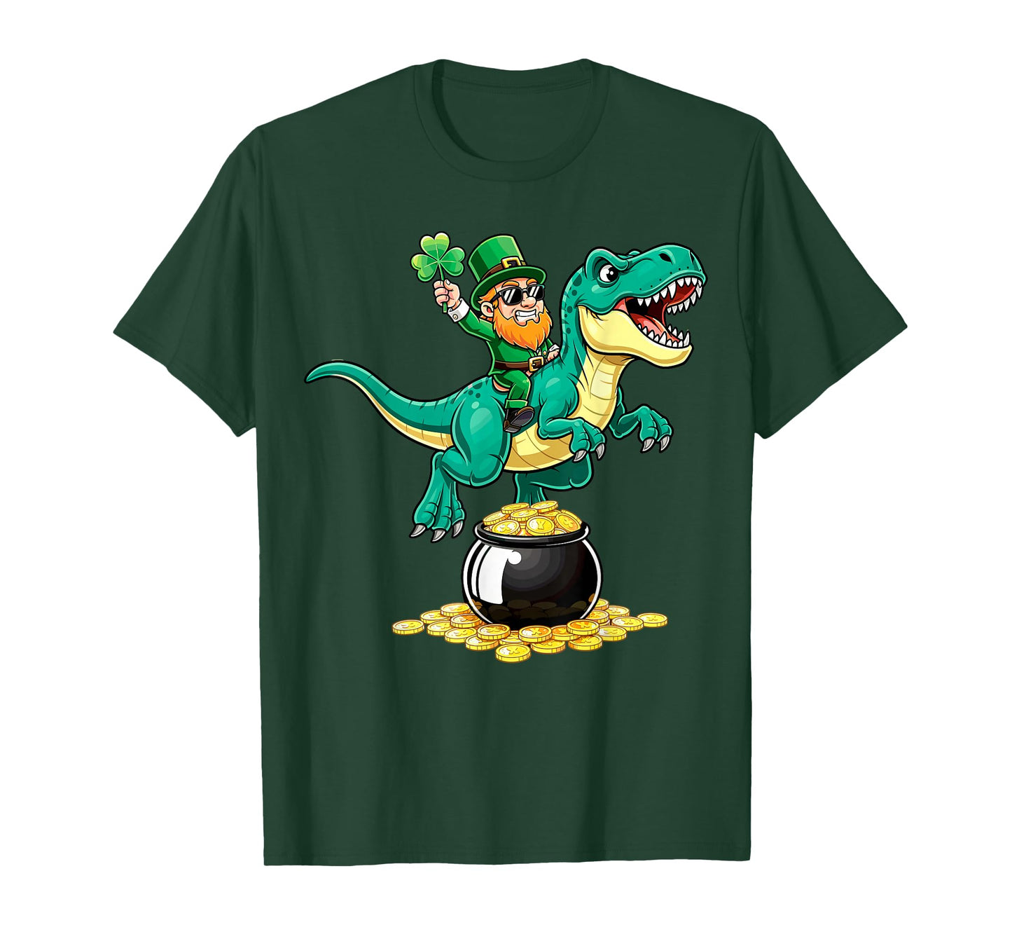 St.Patrick's Day Leprechaun Riding T-Rex Four Leaf Shamrock T-Shirt
