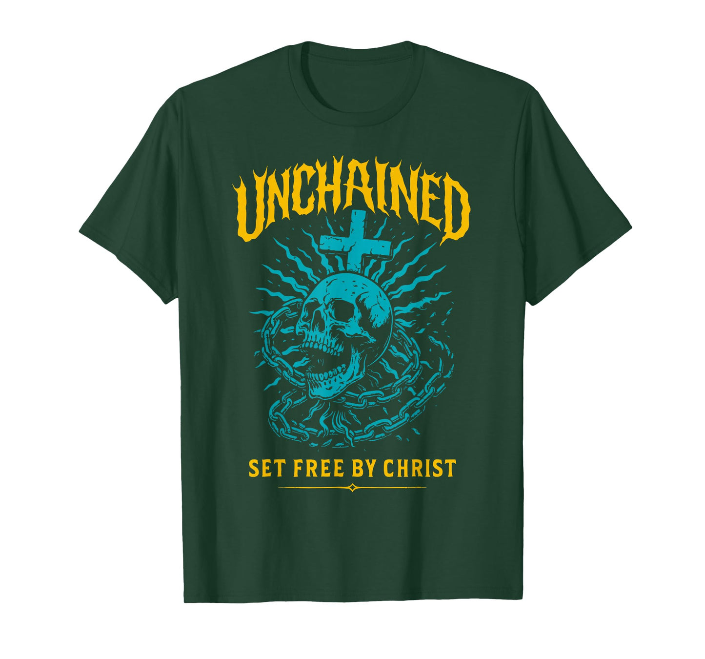 Unchained Set Free by Christ Christian Gothic Skull Cross T-Shirt