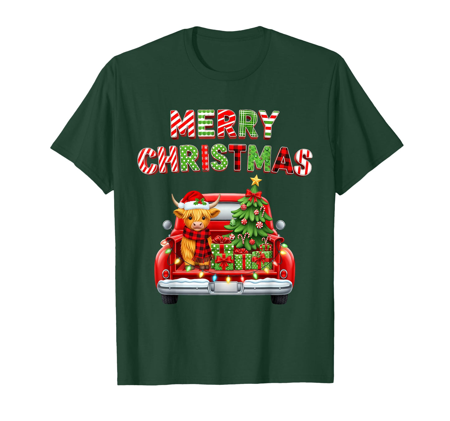 Merry Christmas Highland Cow Red Truck Matching Outfit Xmas T-Shirt