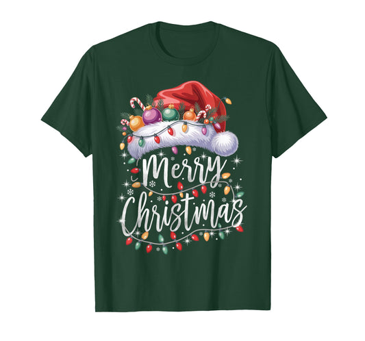Merry Christmas Lights Red Santa Hat Family Matching Xmas T-Shirt
