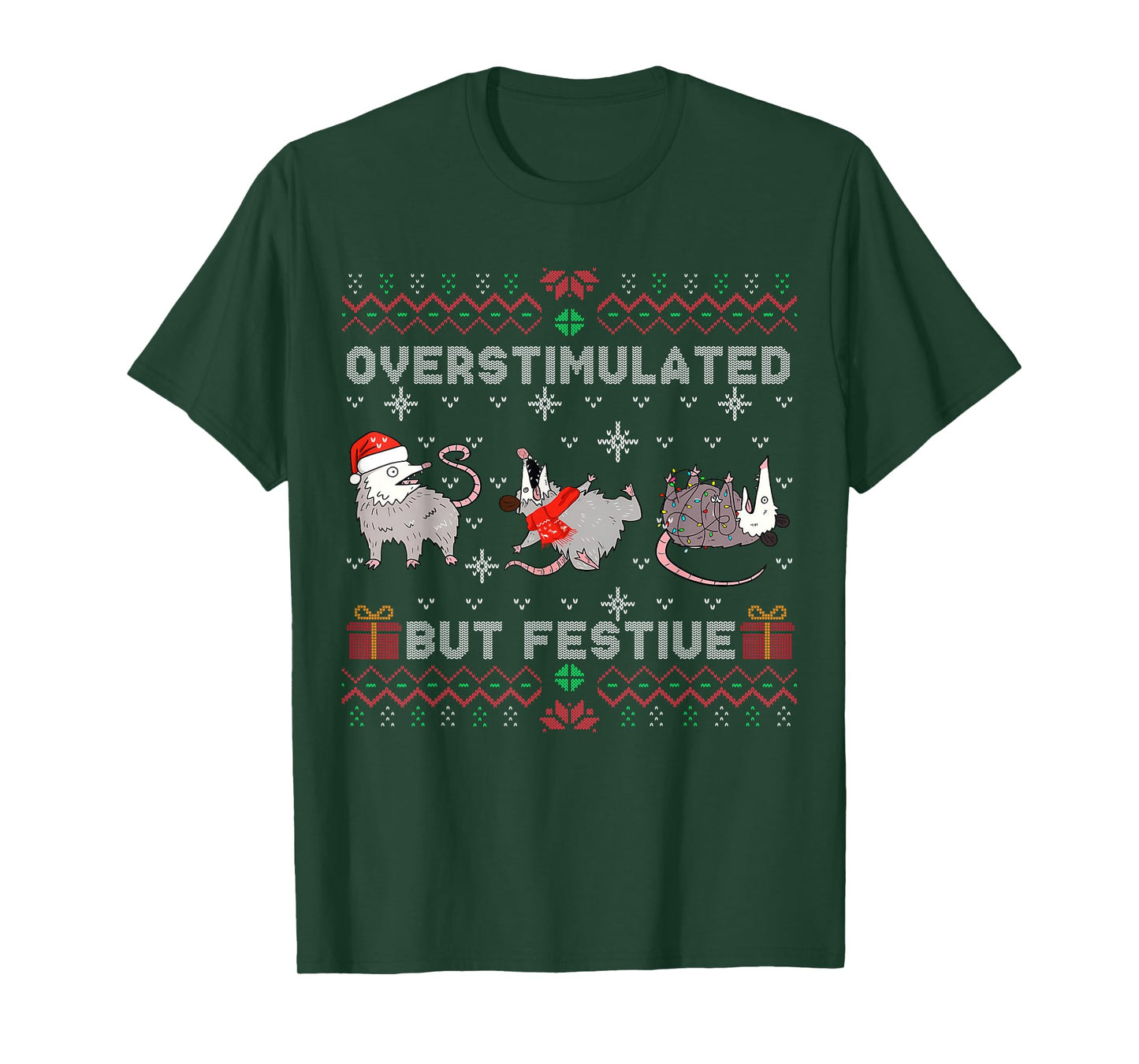 Overstimulated But Festive Opossum Ugly Sweater Christmas T-Shirt