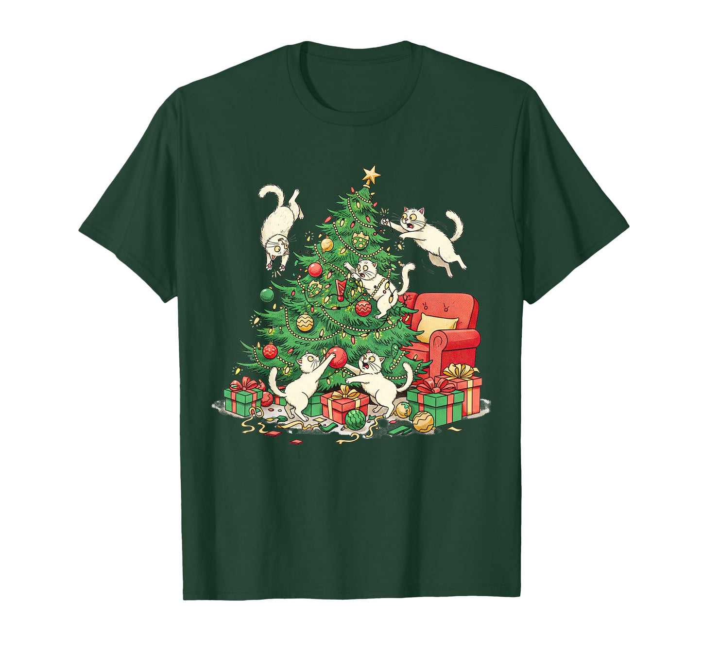 Funny Cat Christmas Tree Chaos Festive Holiday Art T-Shirt