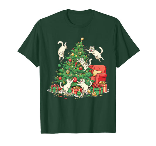 Funny Cat Christmas Tree Chaos Festive Holiday Art T-Shirt