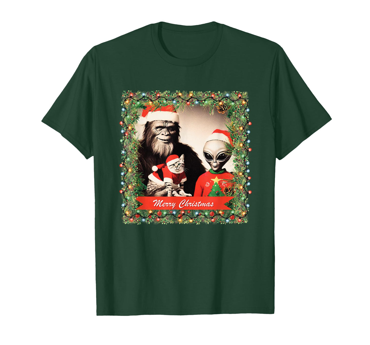 Funny Christmas Cat Bigfoot Alien Christmas Supernatural T-Shirt
