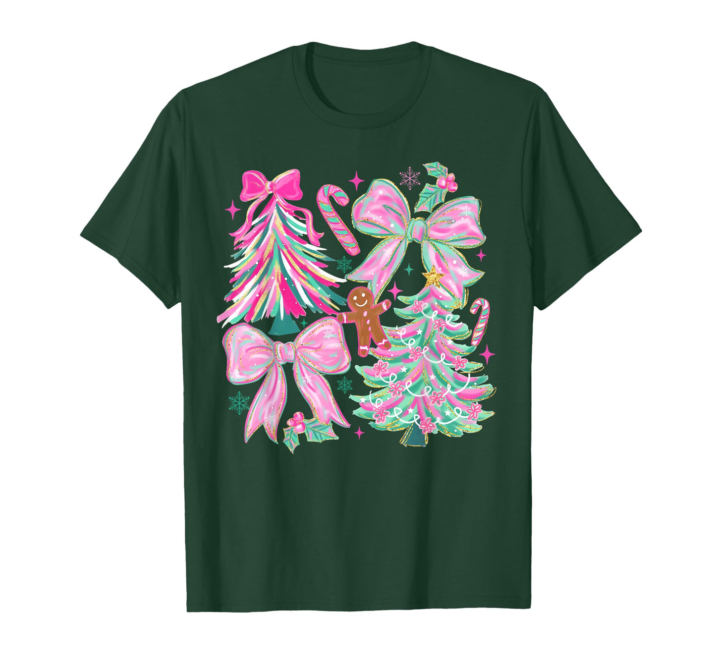 Merry Christmas Xmas Trees Coquette Bow Gingerbread Holiday T-Shirt
