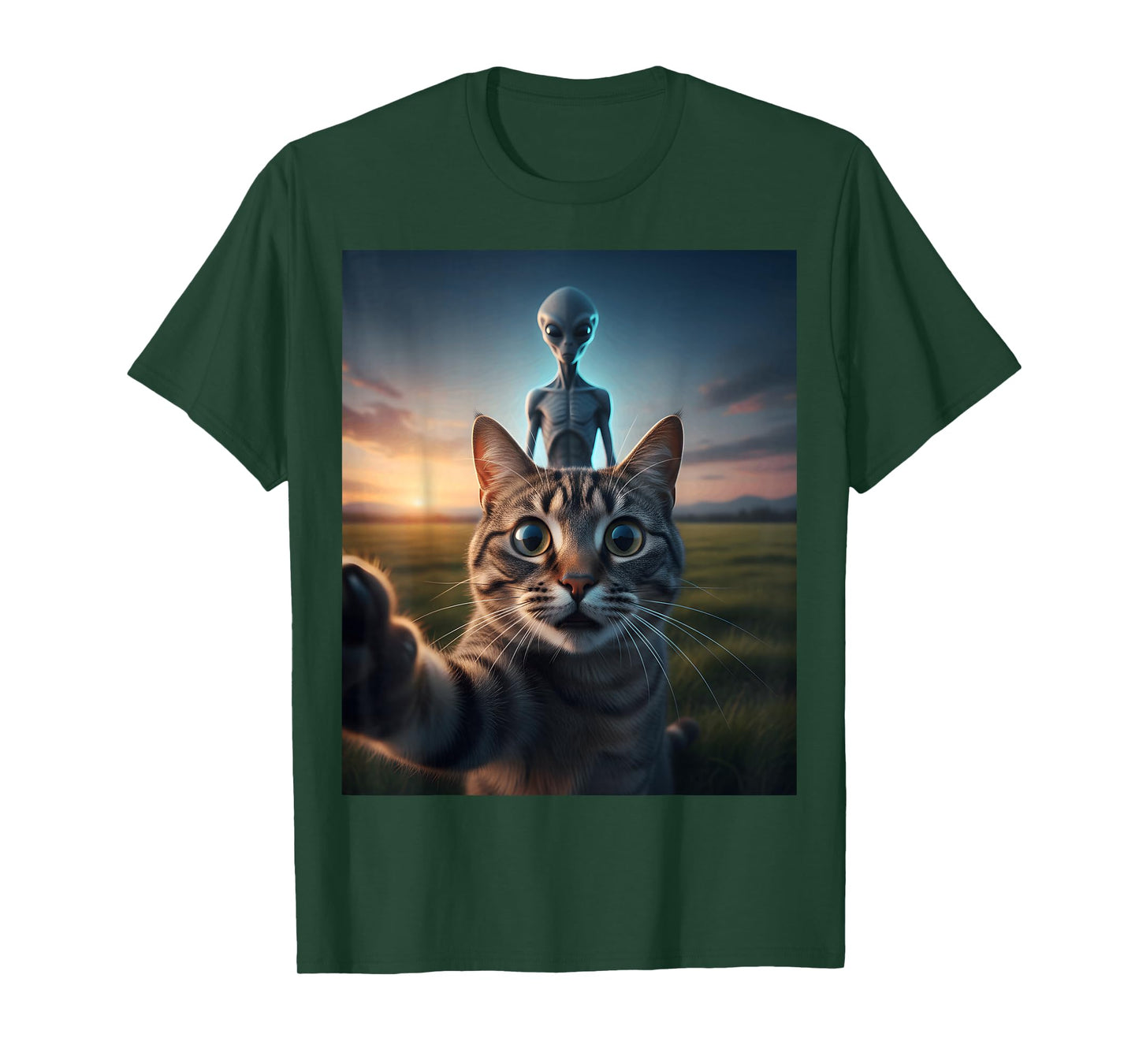 Cat Selfie with Alien on The Back Funny for Kids Teens Adult T-Shirt
