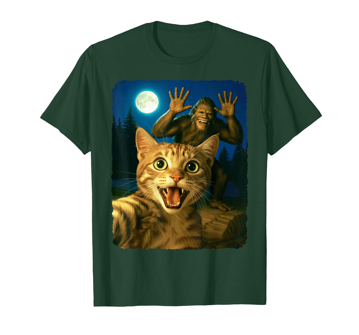 Scared Cat Selfie with Bigfoot Funny Sasquatch Cat Meme Cute T-Shirt