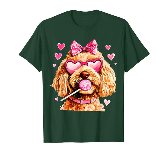 Cute Goldendoodle Wearing Glasses Heart Puppy Valentines Bow T-Shirt