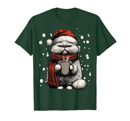 Christmas Persian Cat Santa Hat Coffee Lover Funny Winter T-Shirt