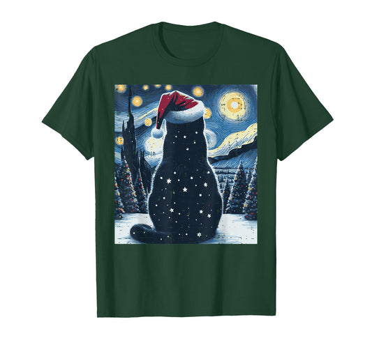Christmas Black Cat Starry Night Xmas Van Gogh Men Women Kid T-Shirt