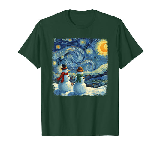 Winter Snowman Van Gogh Starry Night Christmas T-Shirt