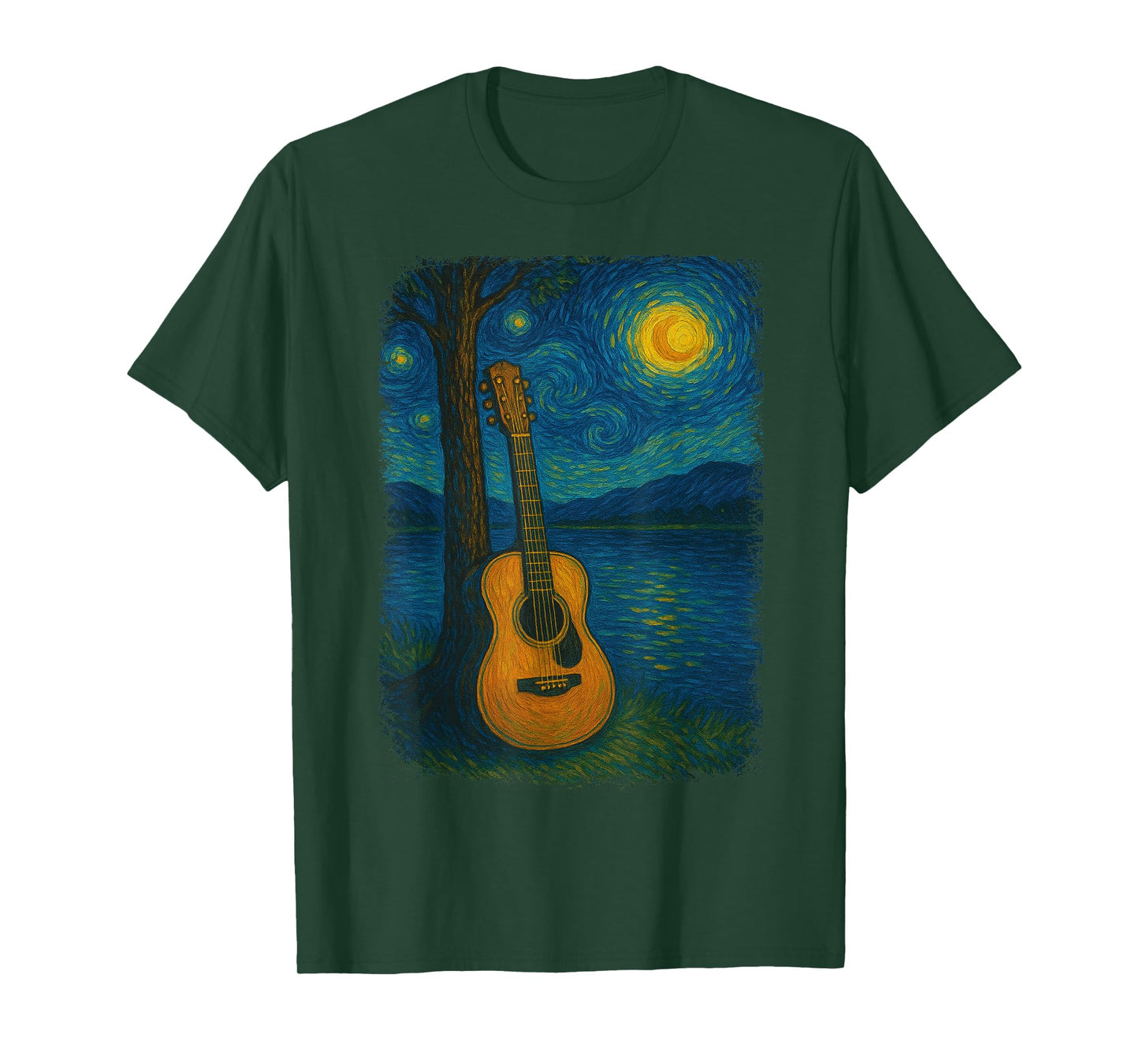 Acoustic Guitar Lake Starry Night Van Gogh Music Guitarist T-Shirt