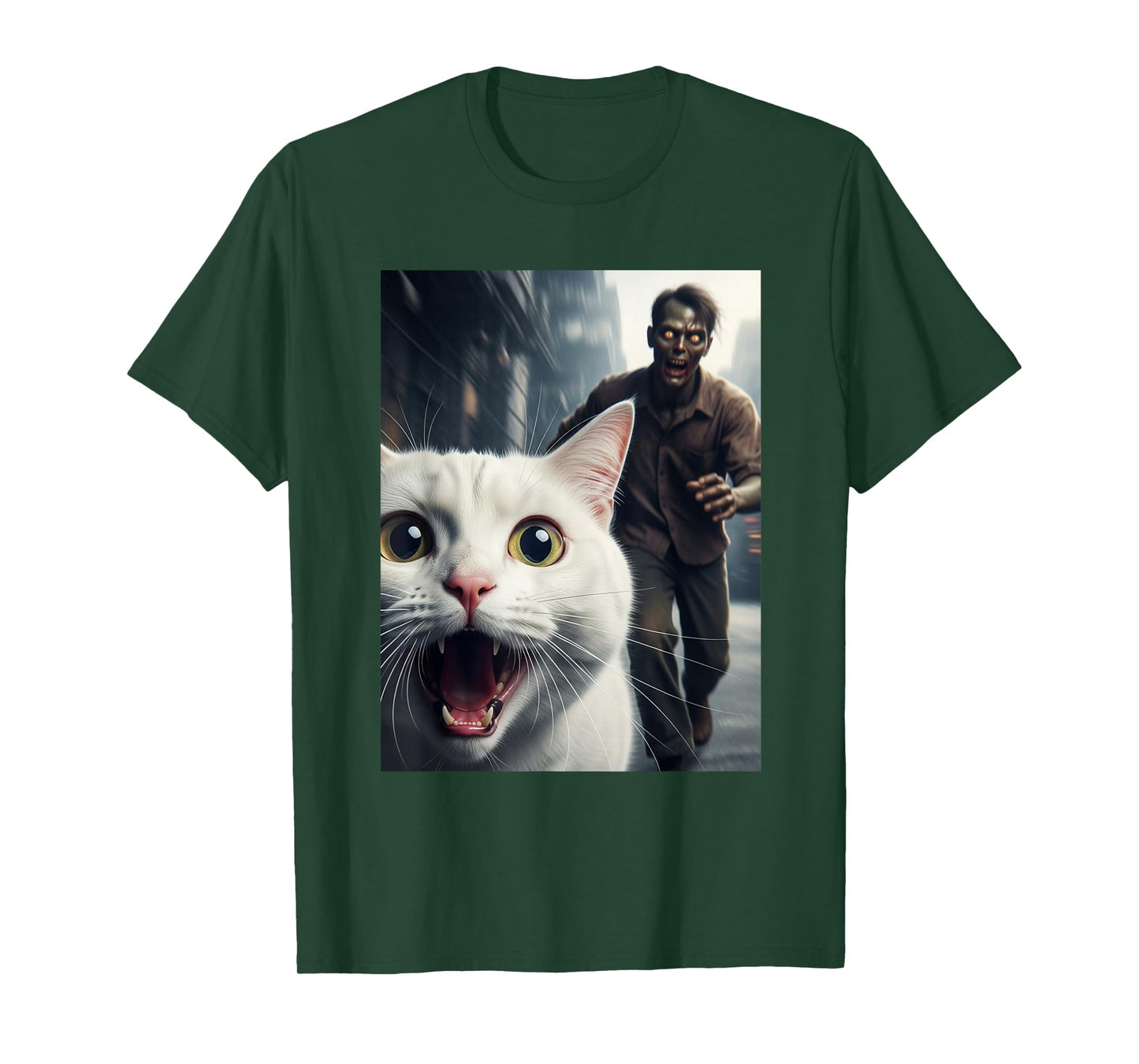 White Cat Selfie with Zombie Funny Pet Owner Graphic T-Shirt