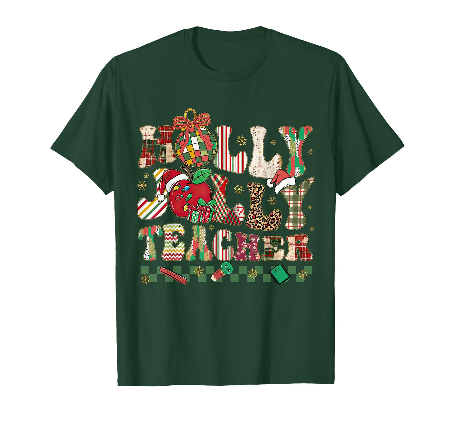 Holly-Jolly Teacher Christmas Patchwork Xmas Teaching Women T-Shirt