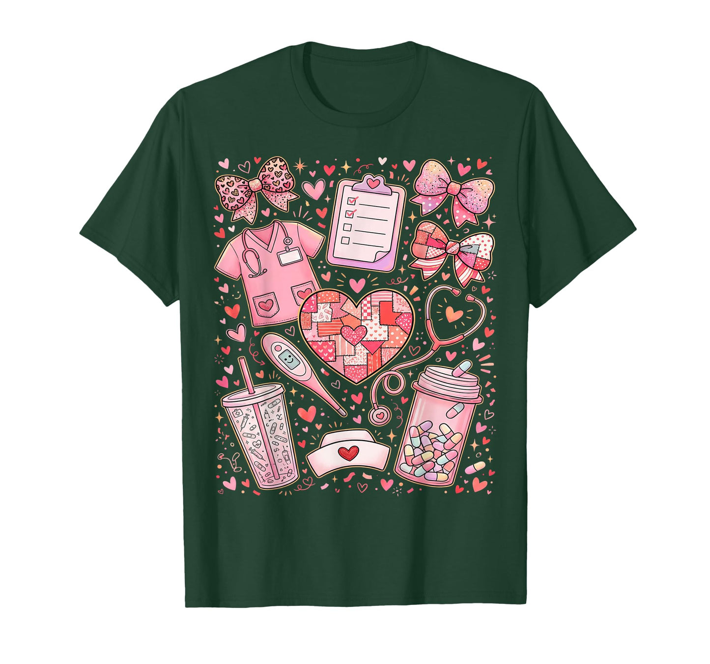 Pink Healthcare ER RN CNA ICU Valentine Nurse Heart Nurses T-Shirt