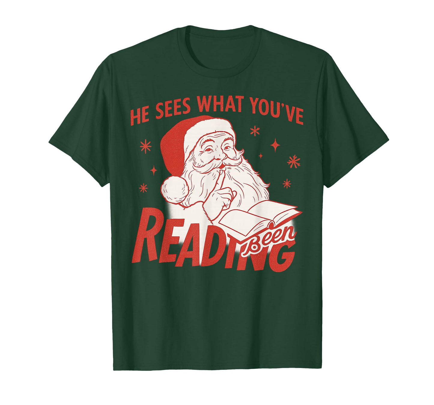 He Sees What You’ve Been Reading Funny Bookish Santa Xmas T-Shirt