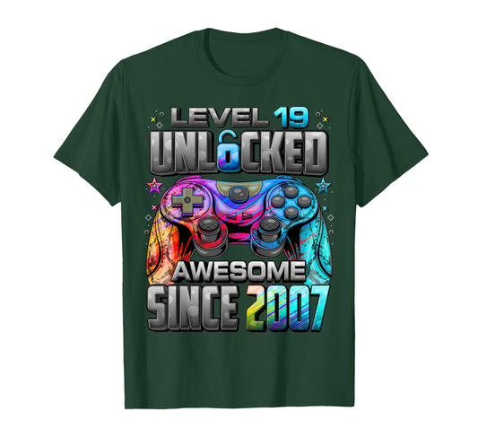 Level 19 Unlocked Awesome Since 2007 19th Birthday Gaming T-Shirt
