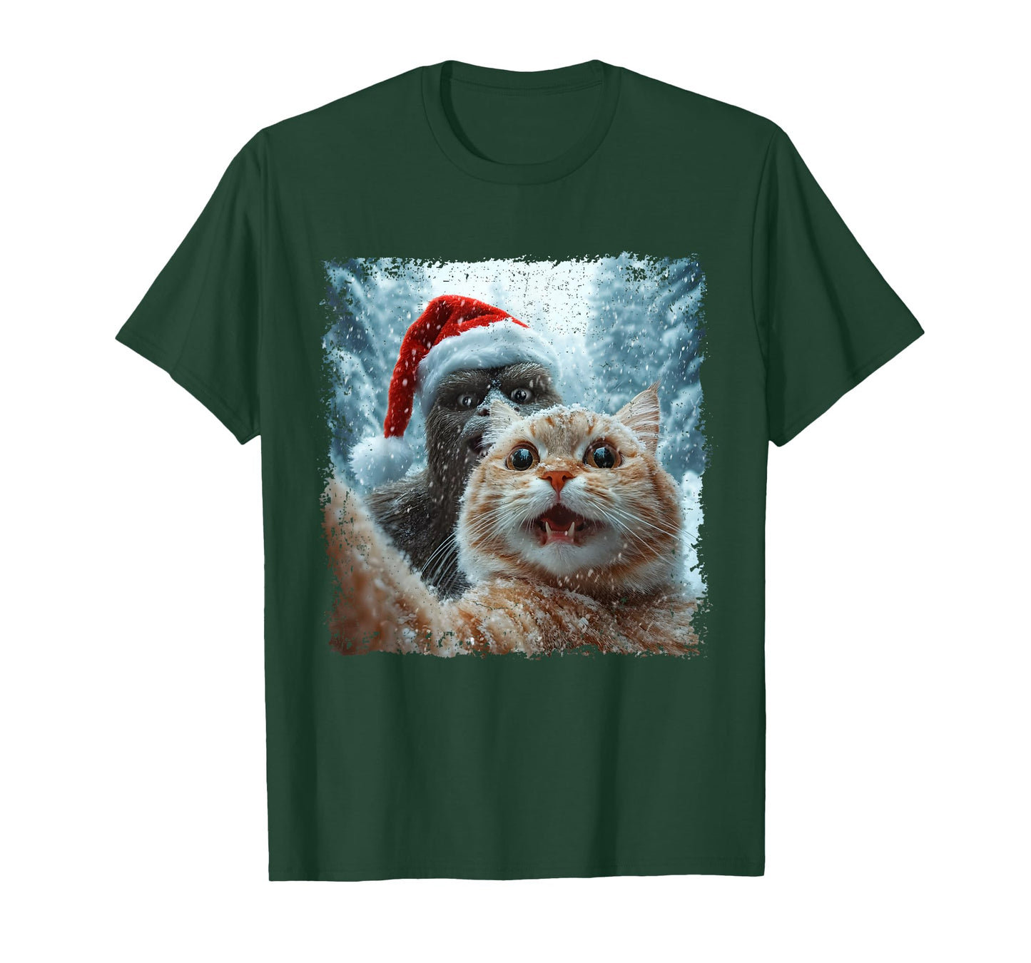 Funny Bigfoot and Cat Christmas Selfie Design T-Shirt