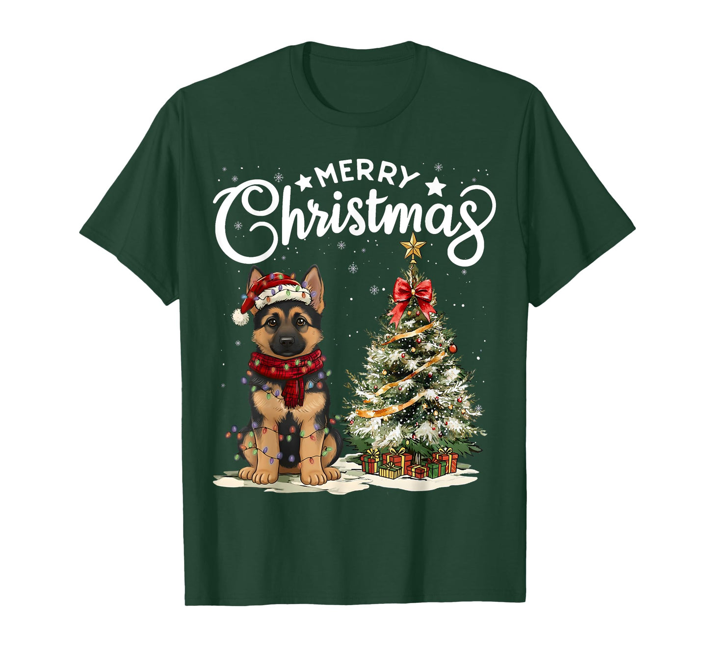 German Shepherd Merry Christmas Dog Santa Hat Tree Lights T-Shirt