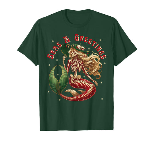Skeleton Mermaid Christmas Gothic Coastal Beach Vibes Xmas T-Shirt