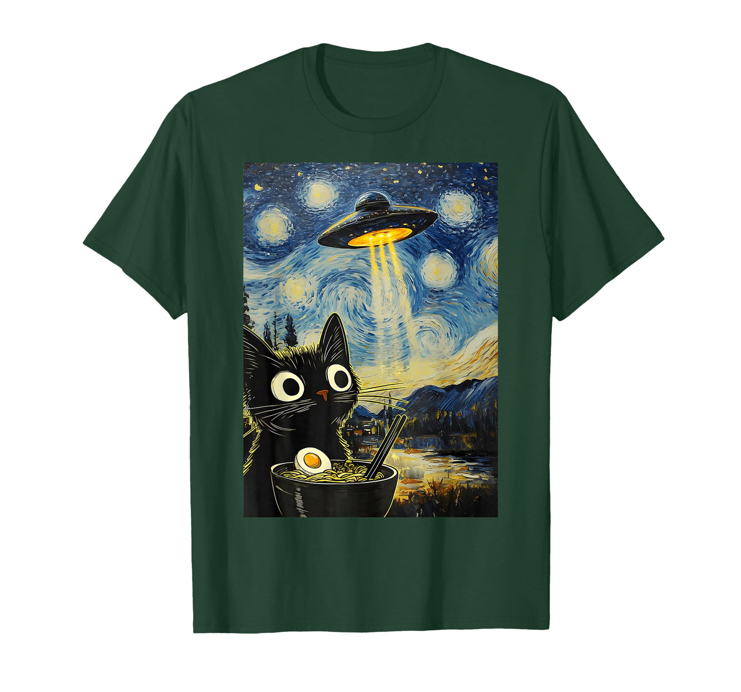 Kawaii Cat Ramen UFO Starry Night Retro Japanese Anime T-Shirt