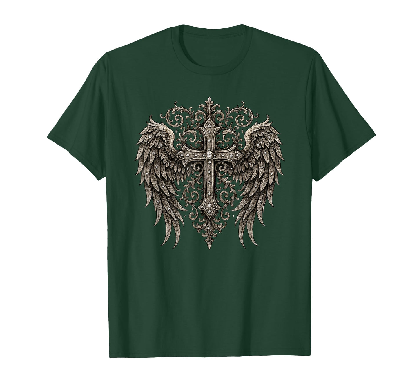 Ornate Cross with Angel Wings - Vintage Christian Faith Embl T-Shirt