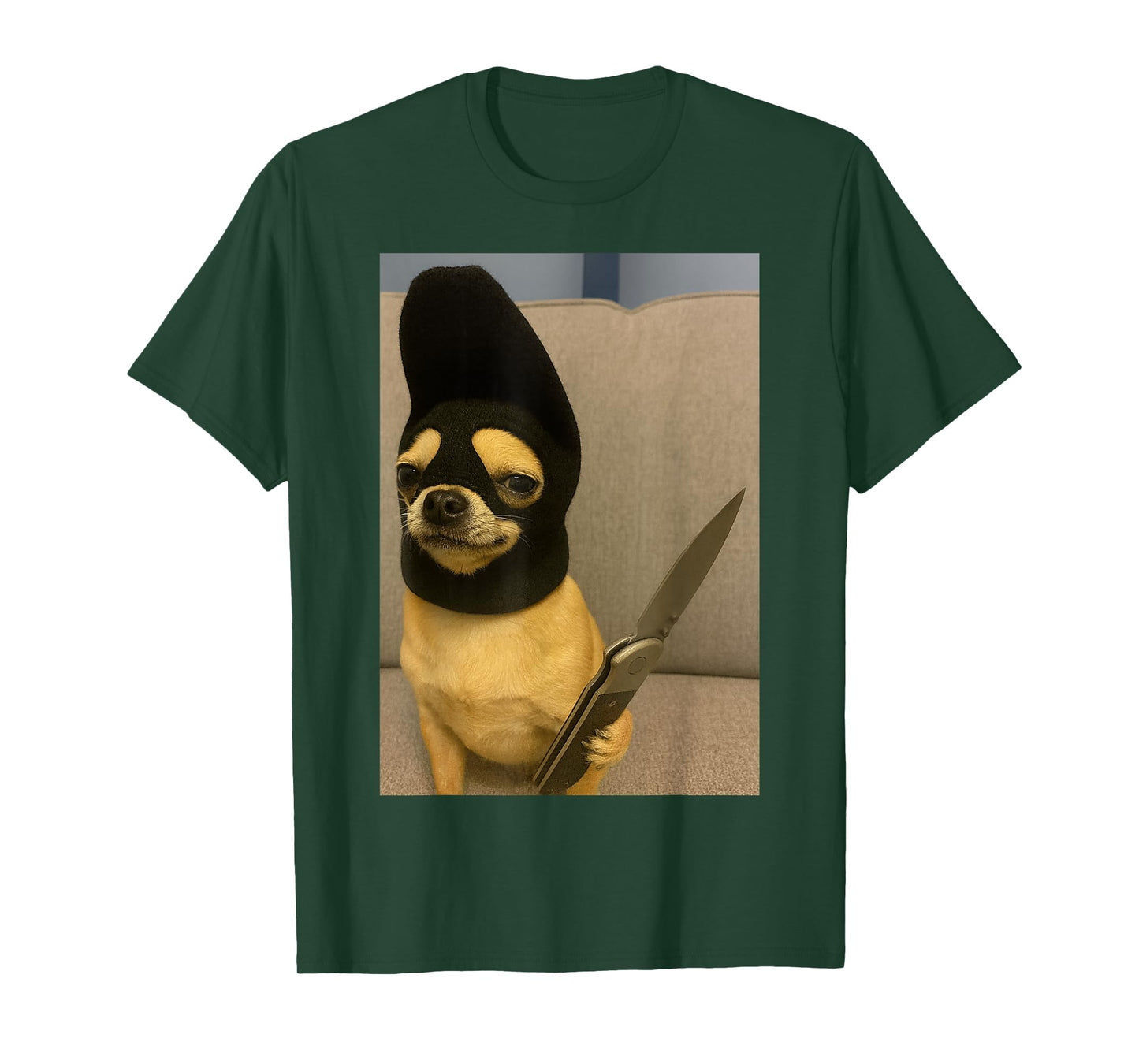 Funny Chihuahua Dog Wearing a ski mask and Holding a Knife T-Shirt