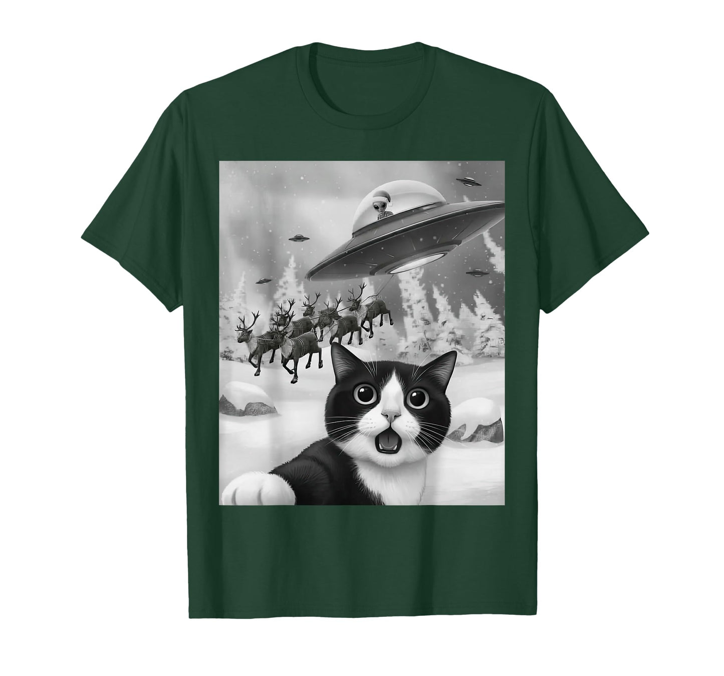 Tuxedo Cat UFO Alien Reindeer Christmas Air Selfie T-Shirt