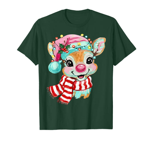Reindeer Face Merry Christmas Girl Women Kid Painting T-Shirt