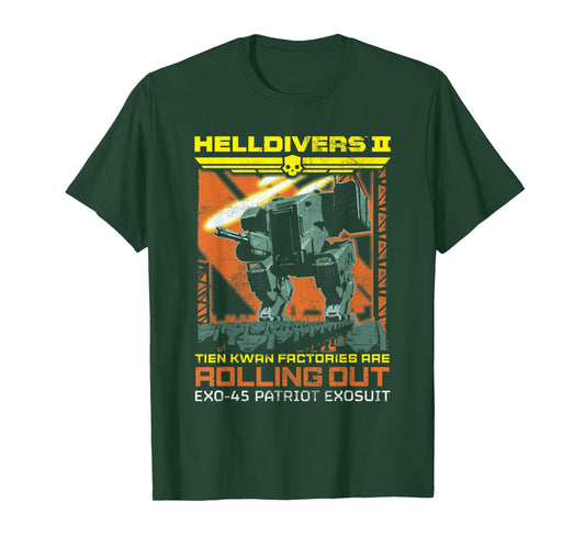 Helldivers 2 Exo-45 Patriot Exosuit Vintage Ad Video Game T-Shirt