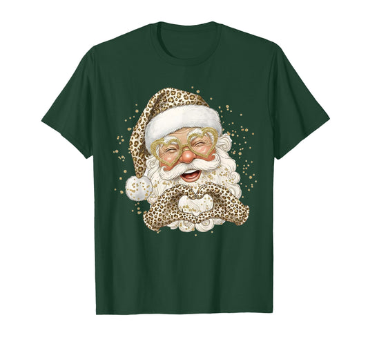 Leopard Santa with Heart Hands Glasses Christmas Holiday T-Shirt