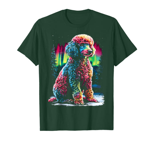Colorful Poodle Dog Aurora Borealis Winter Forest Graphic T-Shirt