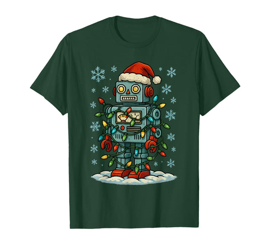 Christmas Lights Wrapped On Cute Kids Robot Toy Lover T-Shirt