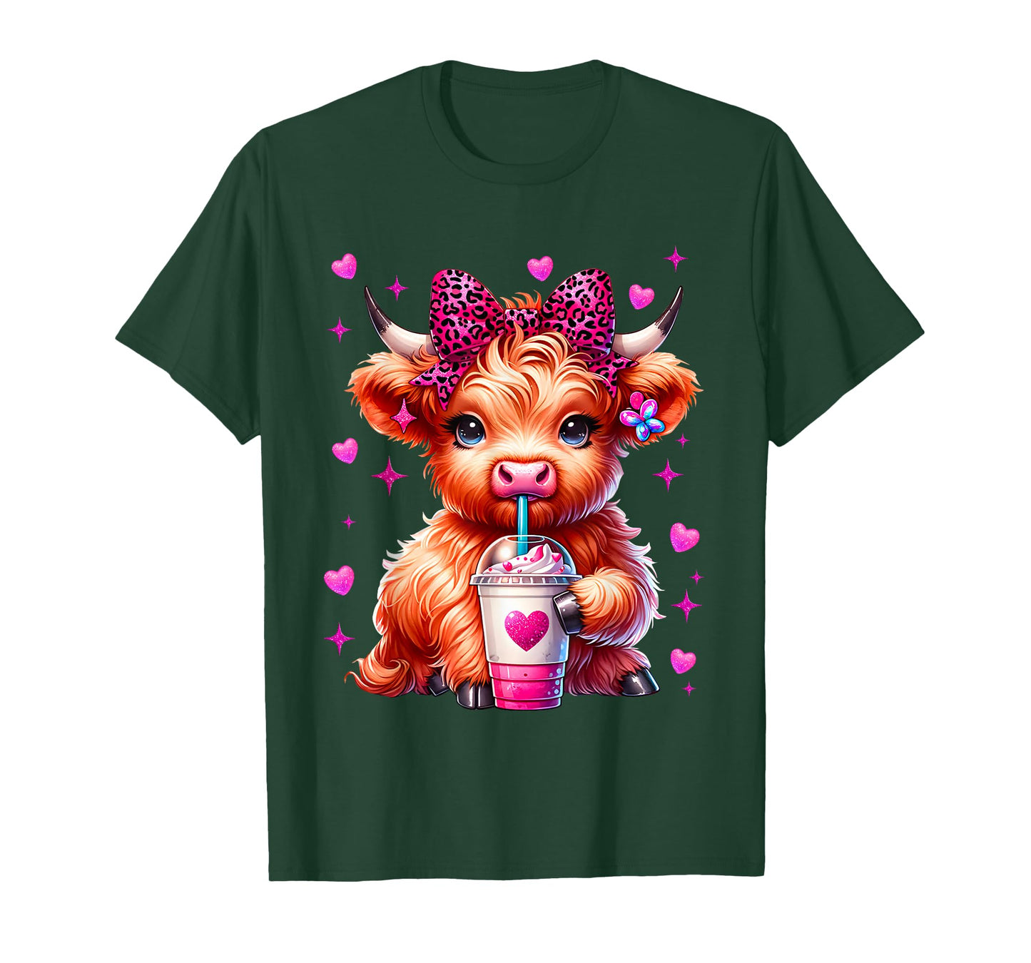 Cute Highland Cow Pink Leopard Coquette Outfit Women Girl T-Shirt