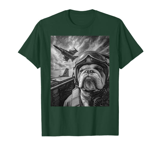 Funny English Bulldog Selfie Fighter Jet Pilot Aviation Art T-Shirt