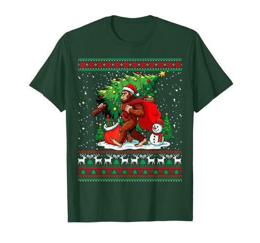 Santa Bigfoot Christmas Tree Xmas Lights Funny Sasquatch T-Shirt