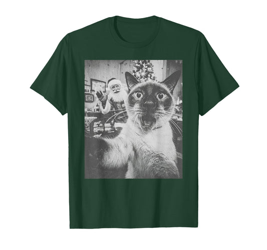 Funny AI Siamese Cat Selfie with Santa Claus Christmas Meme T-Shirt