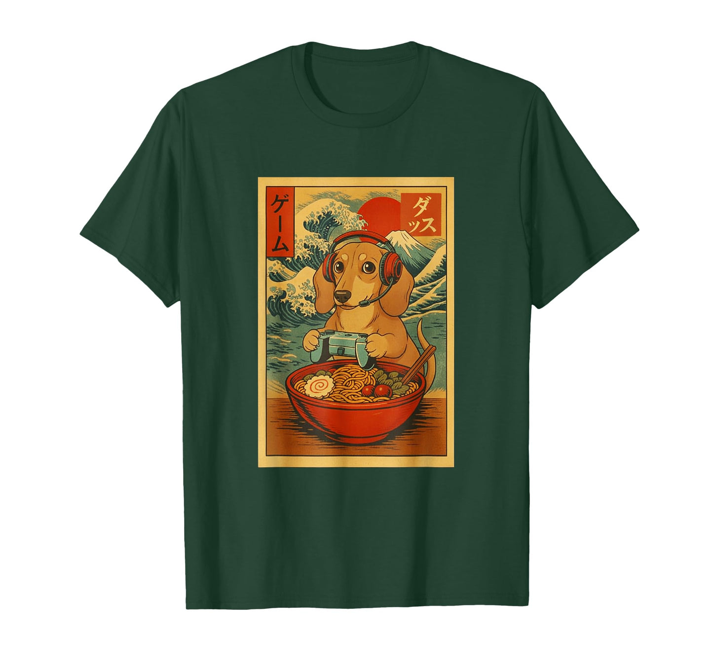 Dachshund Gaming Ramen Japanese Ukiyo-e Great Wave Retro Art T-Shirt