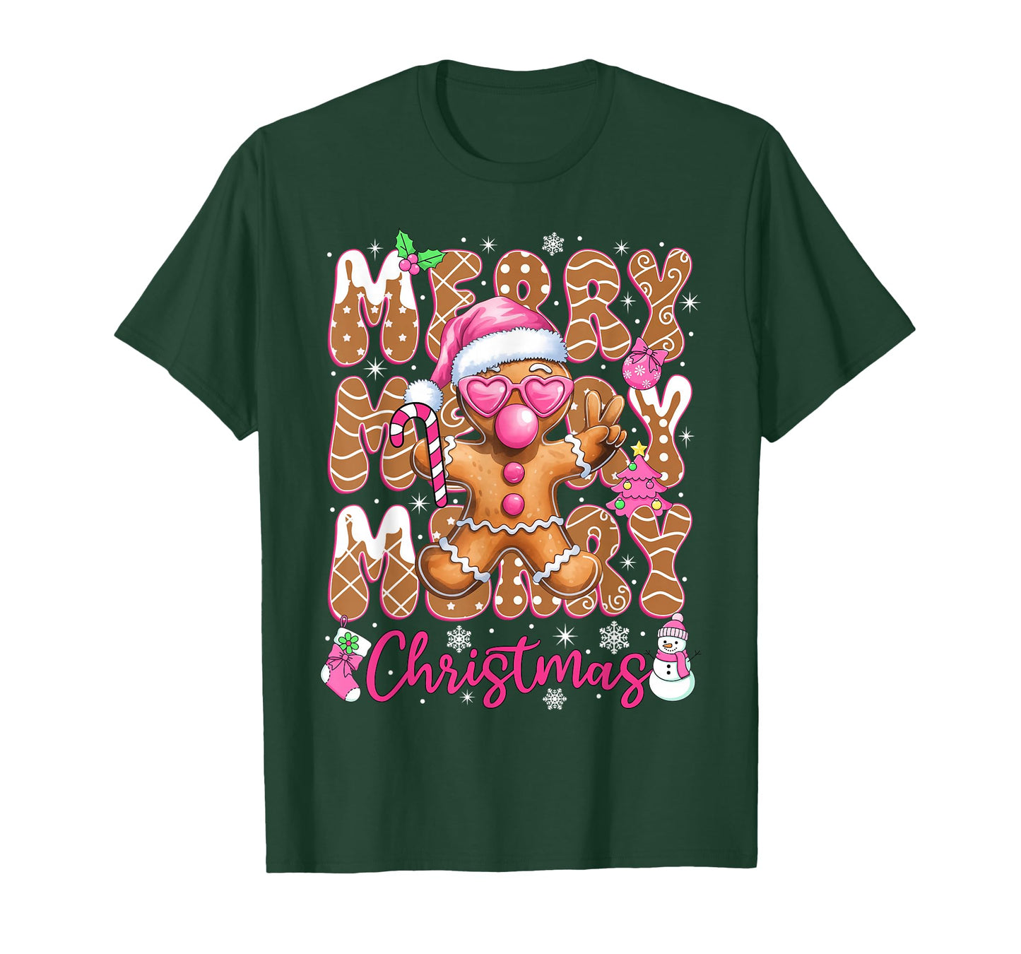 Gingerbread Merry Christmas Cute Pink Christmas Women Girls T-Shirt