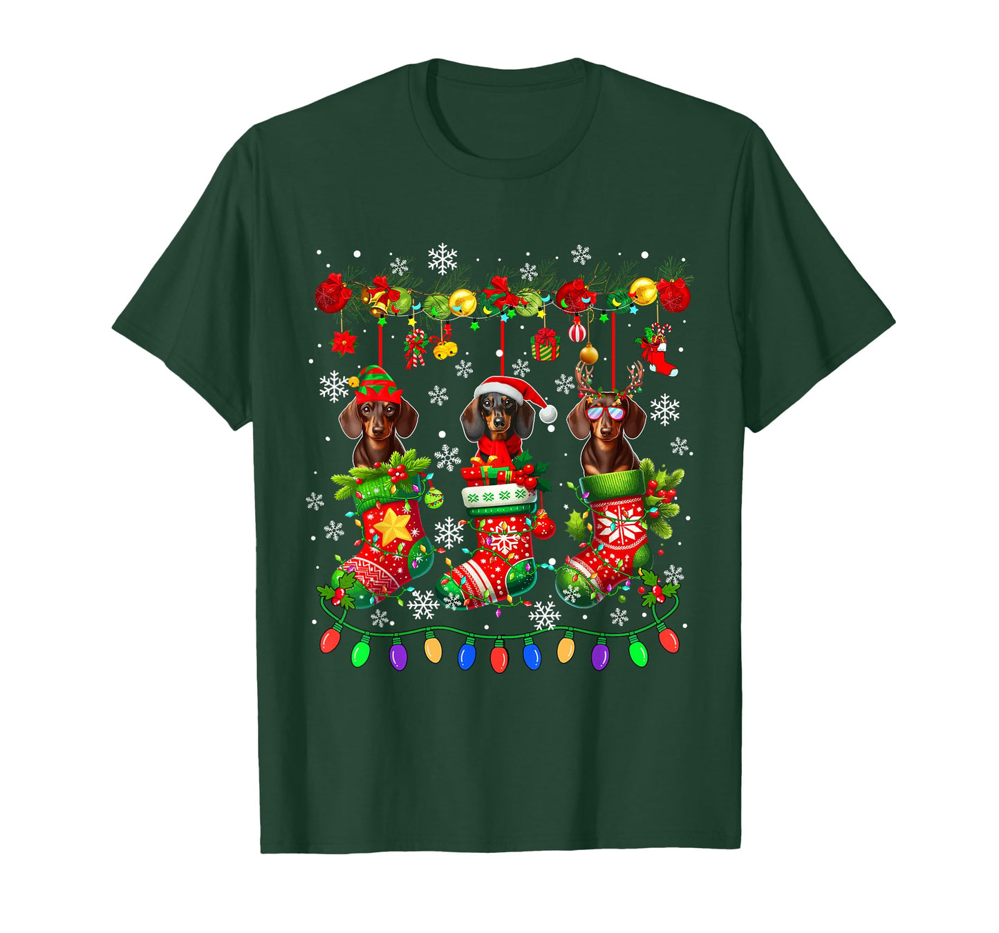 Three Santa Elf Dachshunds in Colorful Christmas Socks Owner T-Shirt