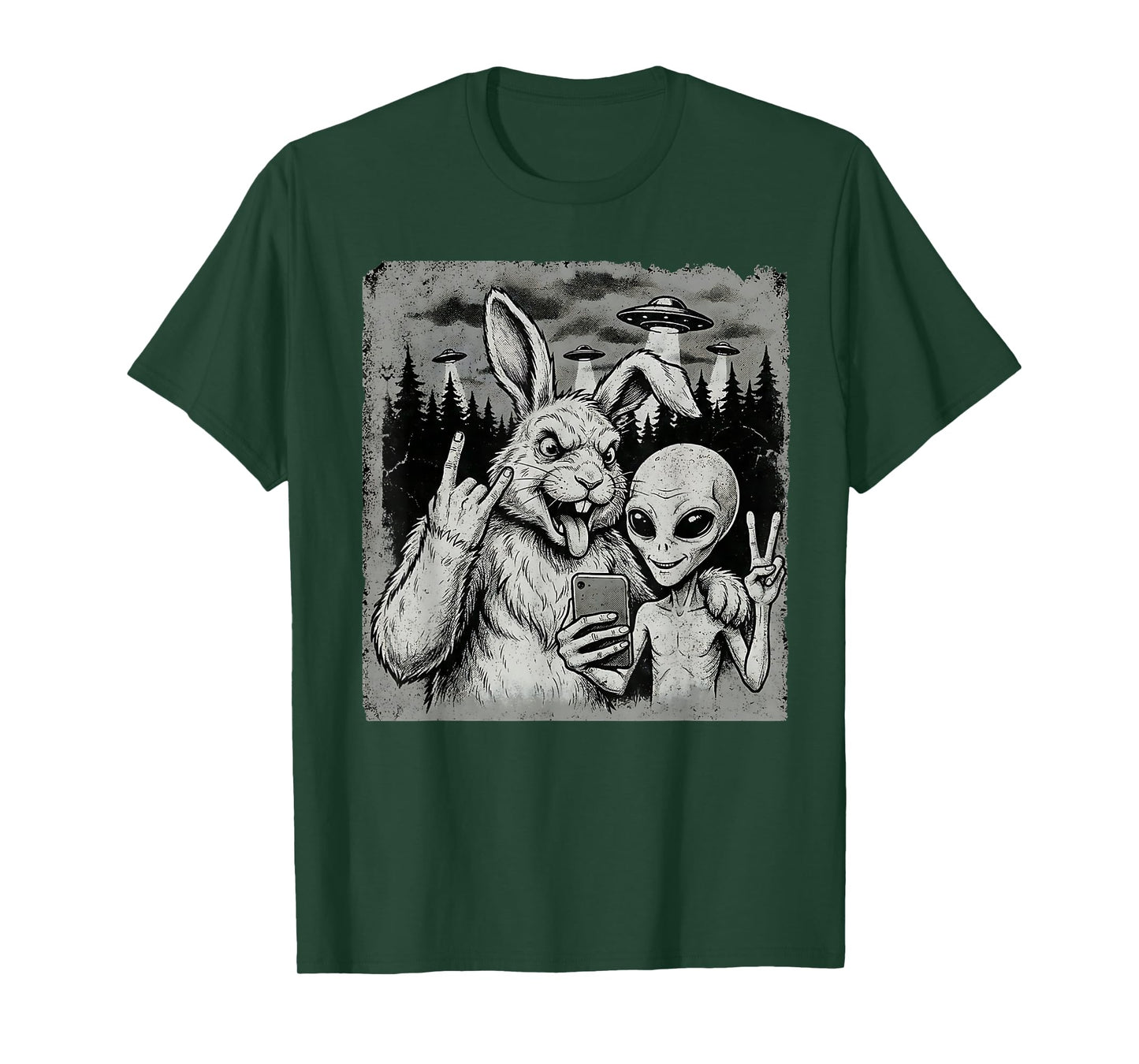 Funny Rabbit and Alien Rock On Hand Sign UFO Selfie T-Shirt