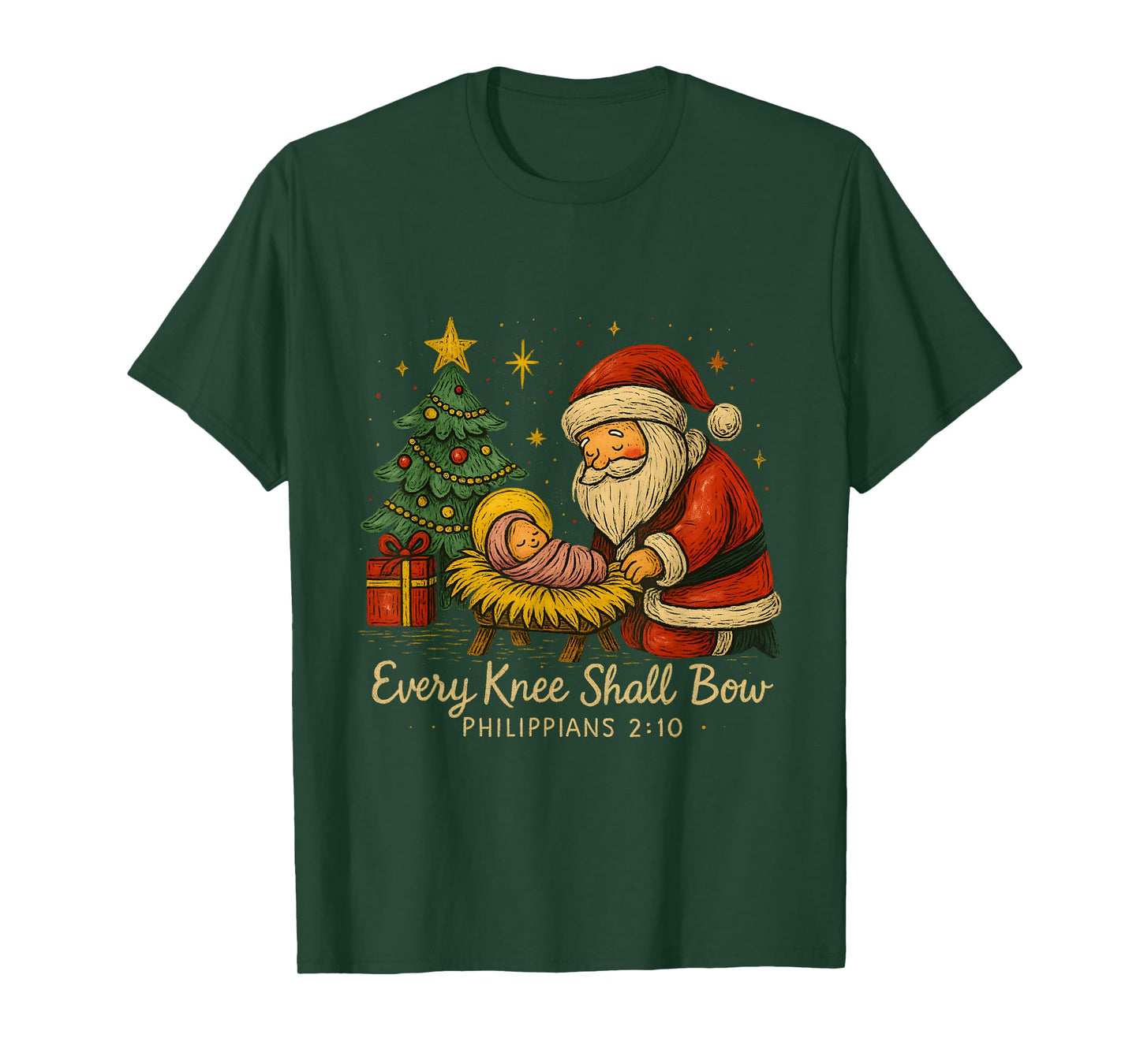 Santa Kneels at Manger – Every Knee Shall Bow Verse T-Shirt