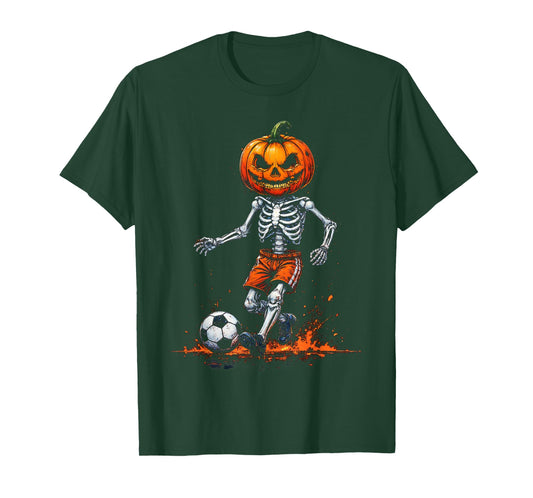 Spooky Pumpkin Skeleton Soccer Funny Halloween 2025 Costume T-Shirt
