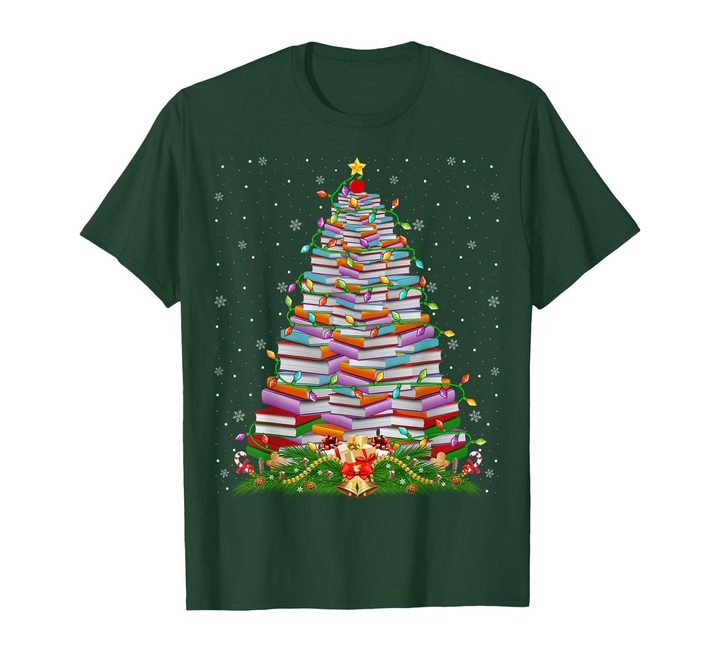 Book Christmas Tree Lights Book Lover Teacher Librarian T-Shirt