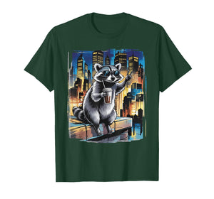 Funny Raccoon Drinking Iced Coffee Animal Meme Graphic Tee T-Shirt