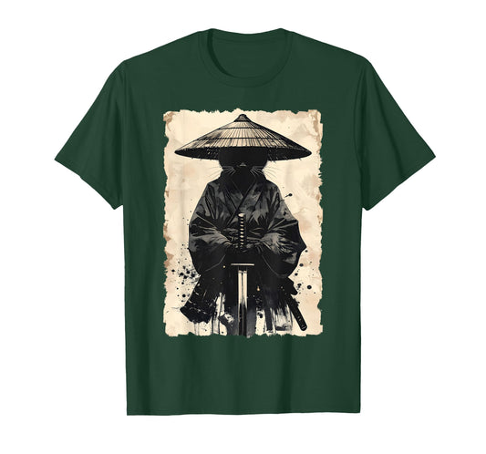 Samurai Cat Vintage Japanese Graphic Warrior Anime Art T-Shirt