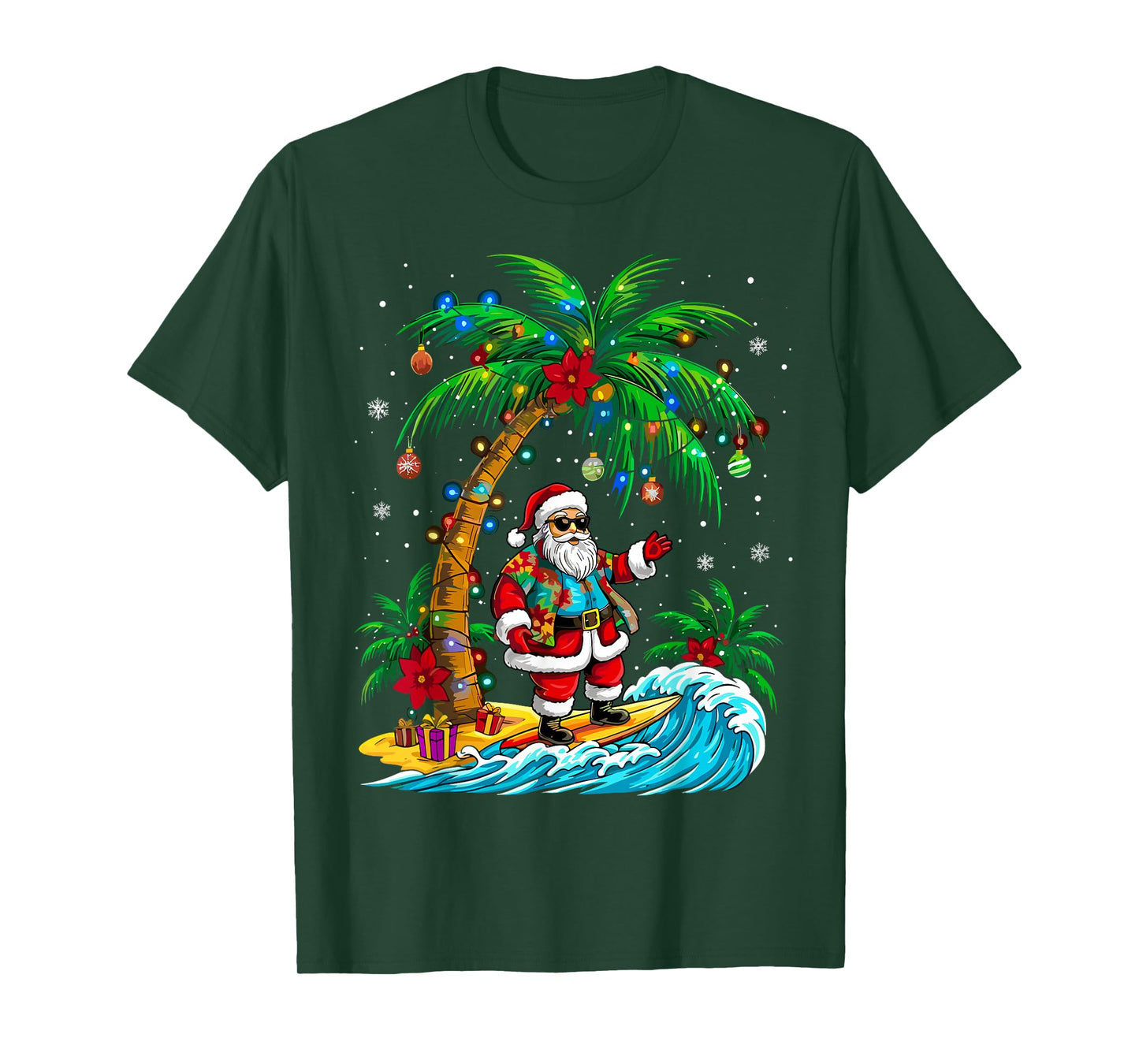 Tropical Christmas Palm Tree Surfing Hawaiian Santa T-Shirt