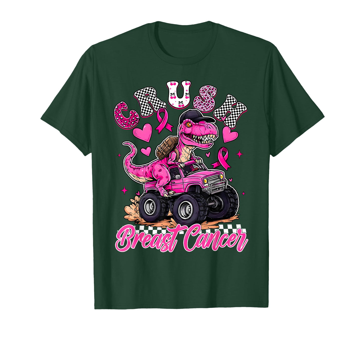 Crush Breast Cancer Dinosaur T Rex Monster Truck Boys Kids T-Shirt